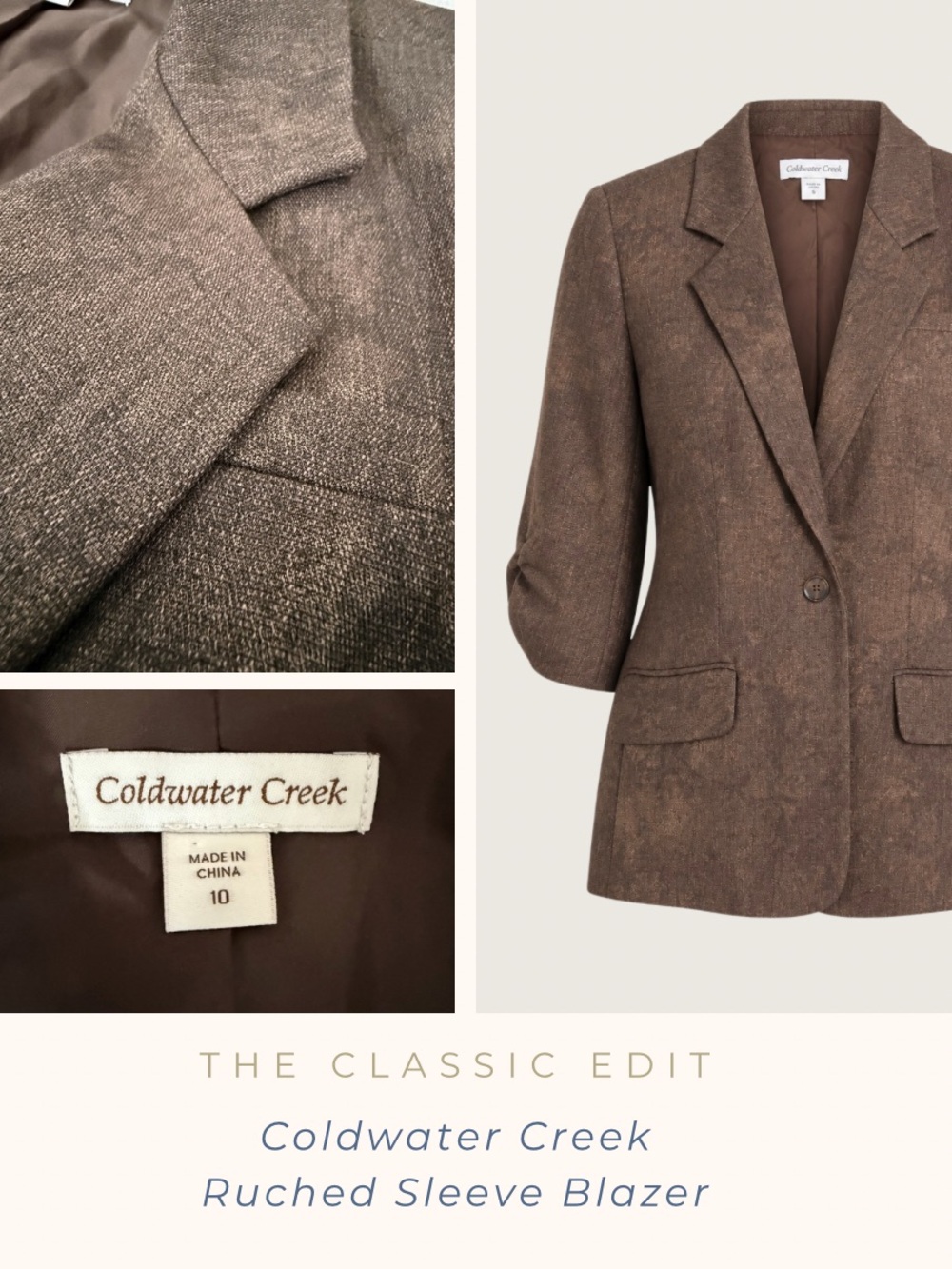 Coldwater Creek Blazer Brown Distressed Ruched Sleeve Lightweight Jacket | 10